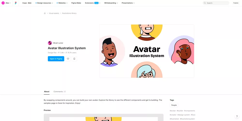 Avatar Illustration System: библиотека компонентов лиц, причёсок и одежды в Figma