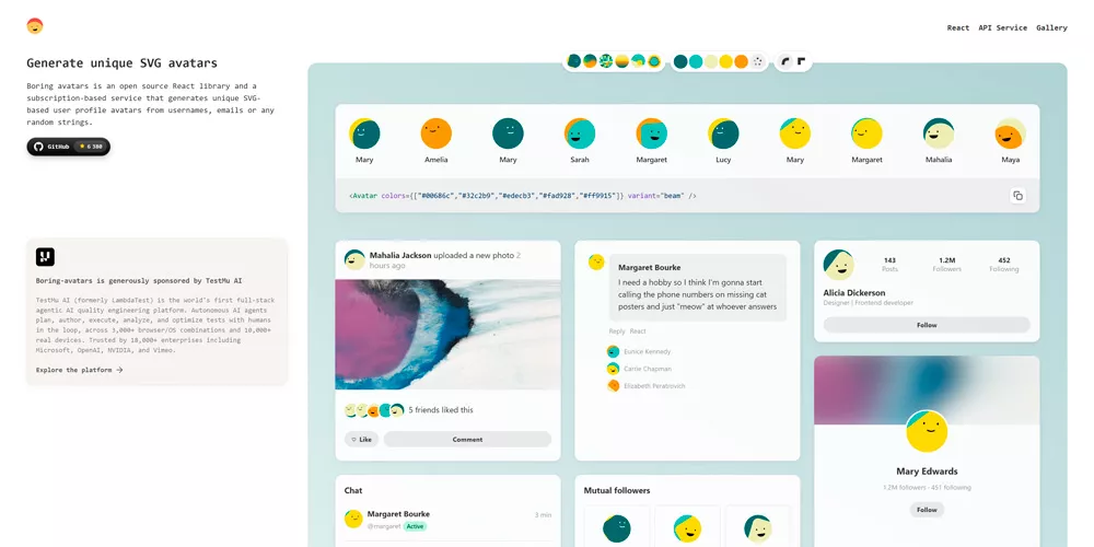 Boring Avatars: шесть вариантов генерации &mdash; marble, beam, pixel, sunset, ring, bauhaus