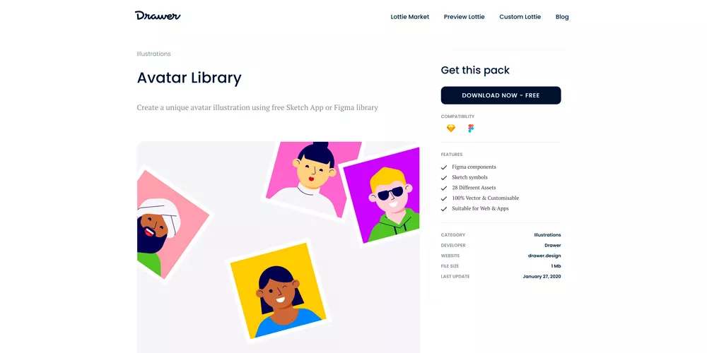 Drawer Avatar Library: страница библиотеки с превью персонажей для Sketch и Figma