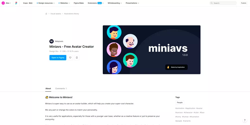 Figma-файл Miniavs: панель компонентов и собранные из них маленькие персонажи