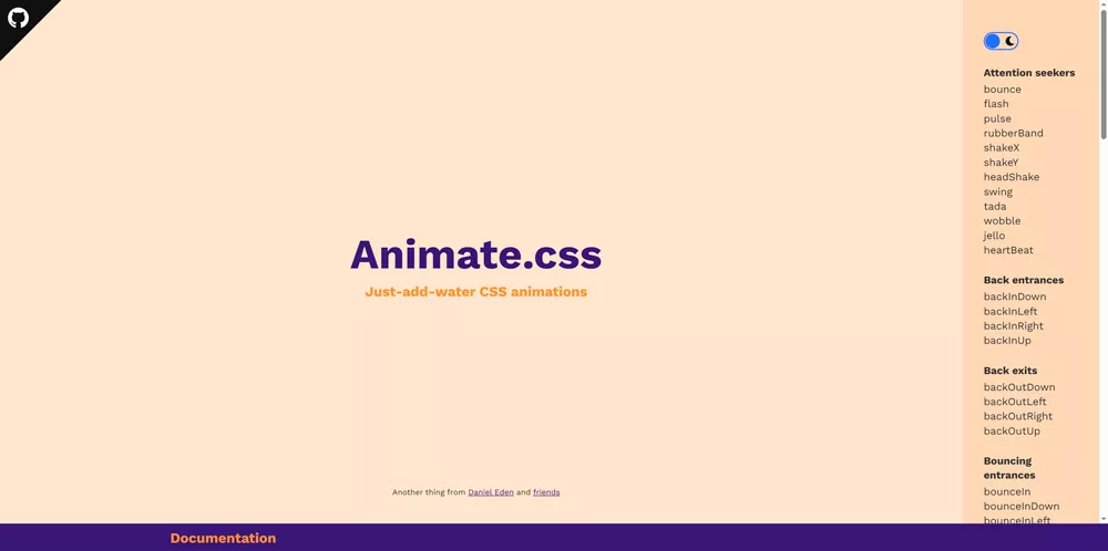 Сайт animate.style: сетка эффектов Animate.css с превью анимаций по наведению