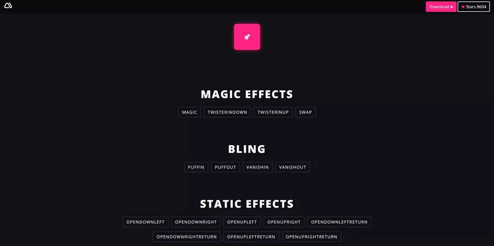 Демо-страница Magic CSS с кнопками выбора эффекта и превью анимации
