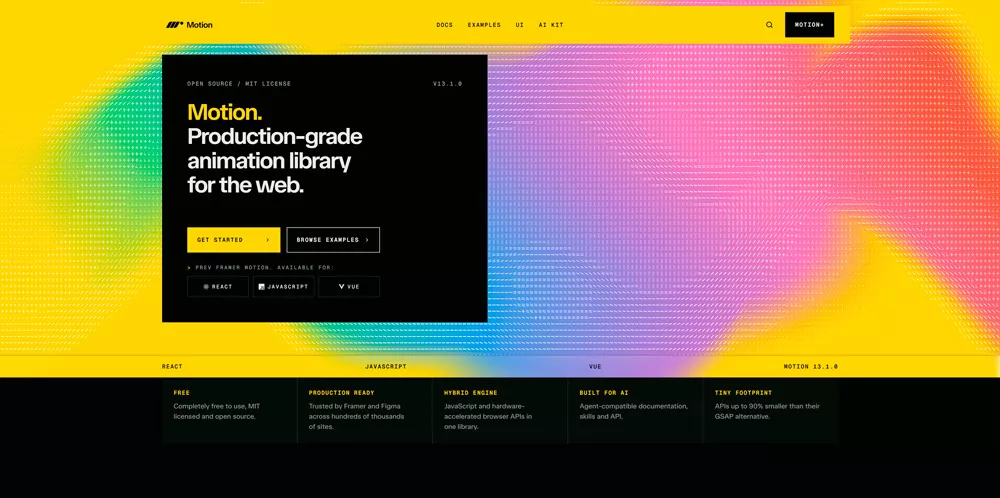 Сайт motion.dev с примерами анимаций и переключателем между JavaScript и React