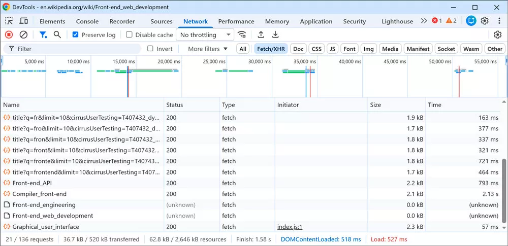 DevTools &rarr; Network с фильтром Fetch/XHR на загруженной странице