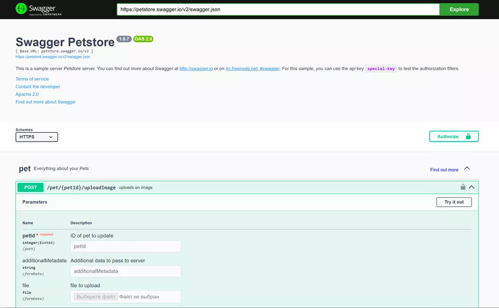Окно Swagger UI на примере petstore &mdash; структура API и кнопка теста